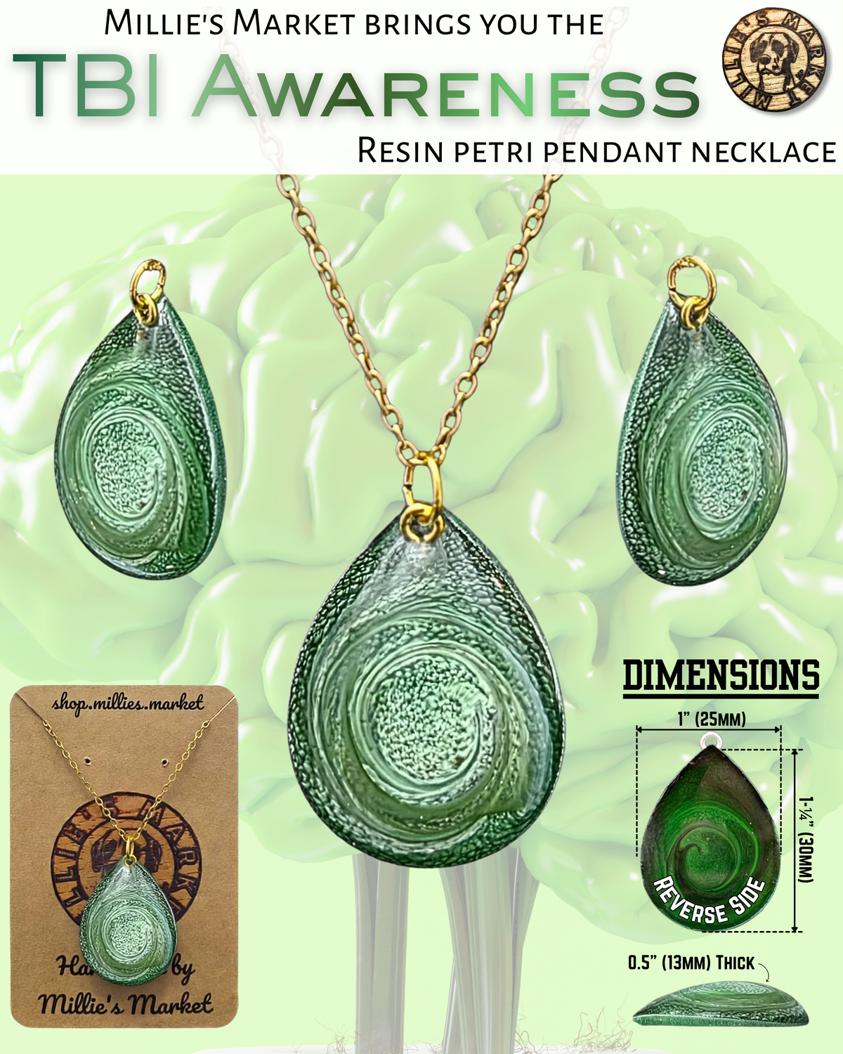 TBI AWARENESS Handmade Resin Petri Pendant Necklace