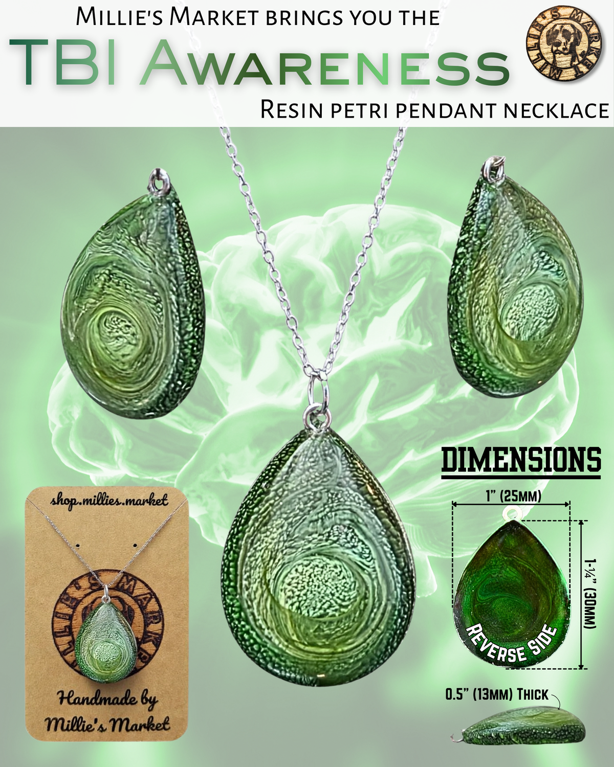 TBI AWARENESS Handmade Resin Petri Pendant Necklace