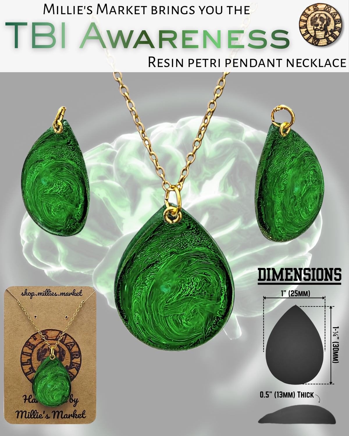 TBI AWARENESS Handmade Resin Petri Pendant Necklace