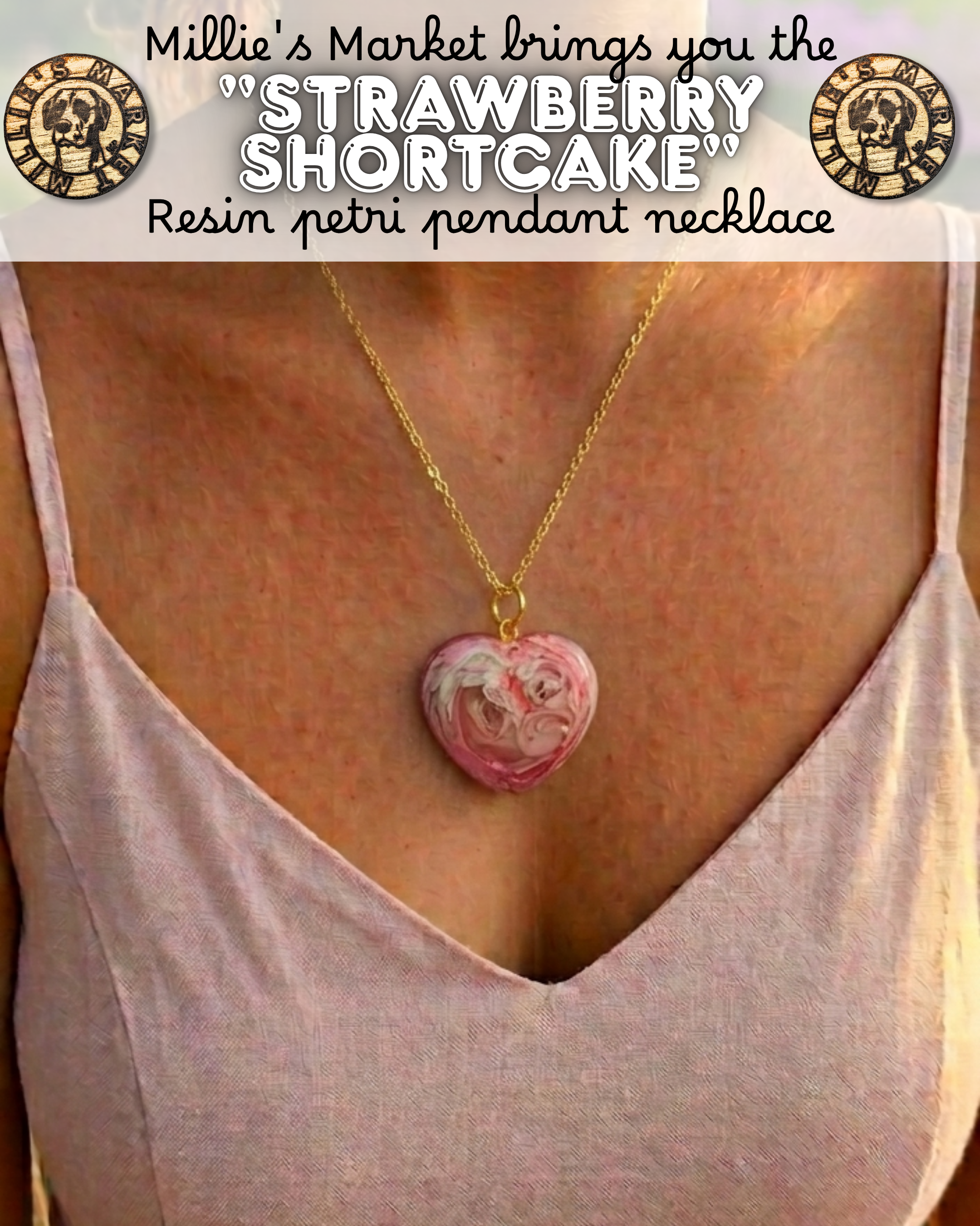 STRAWBERRY SHORTCAKE Handmade Resin Petri Pendant Necklace