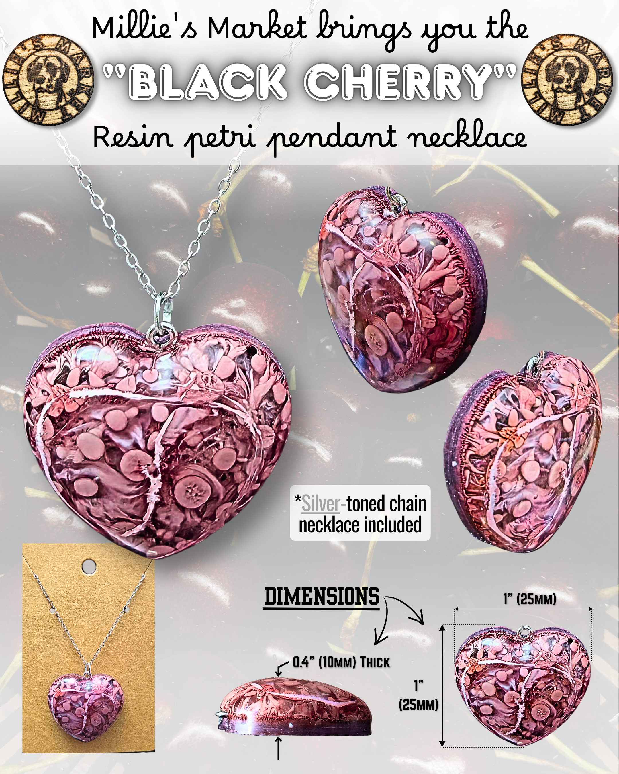 BLACK CHERRY Handmade Resin Petri Pendant Necklace