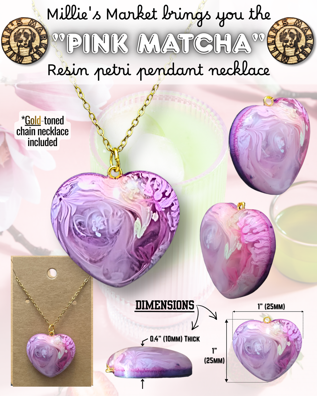 PINK MATCHA Handmade Resin Petri Pendant Necklace
