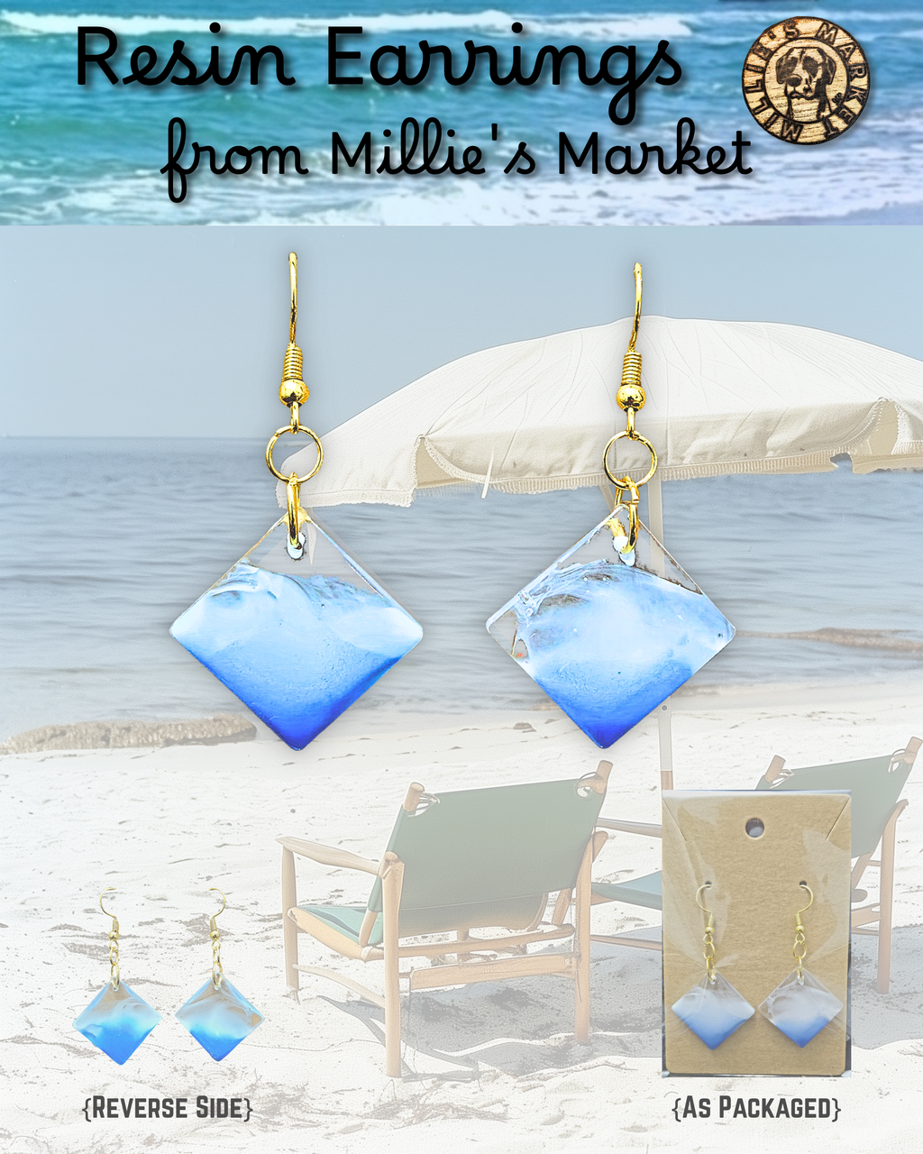 TIDAL WAVE Handmade Diamond-Shaped Coastal Drop Resin Earrings