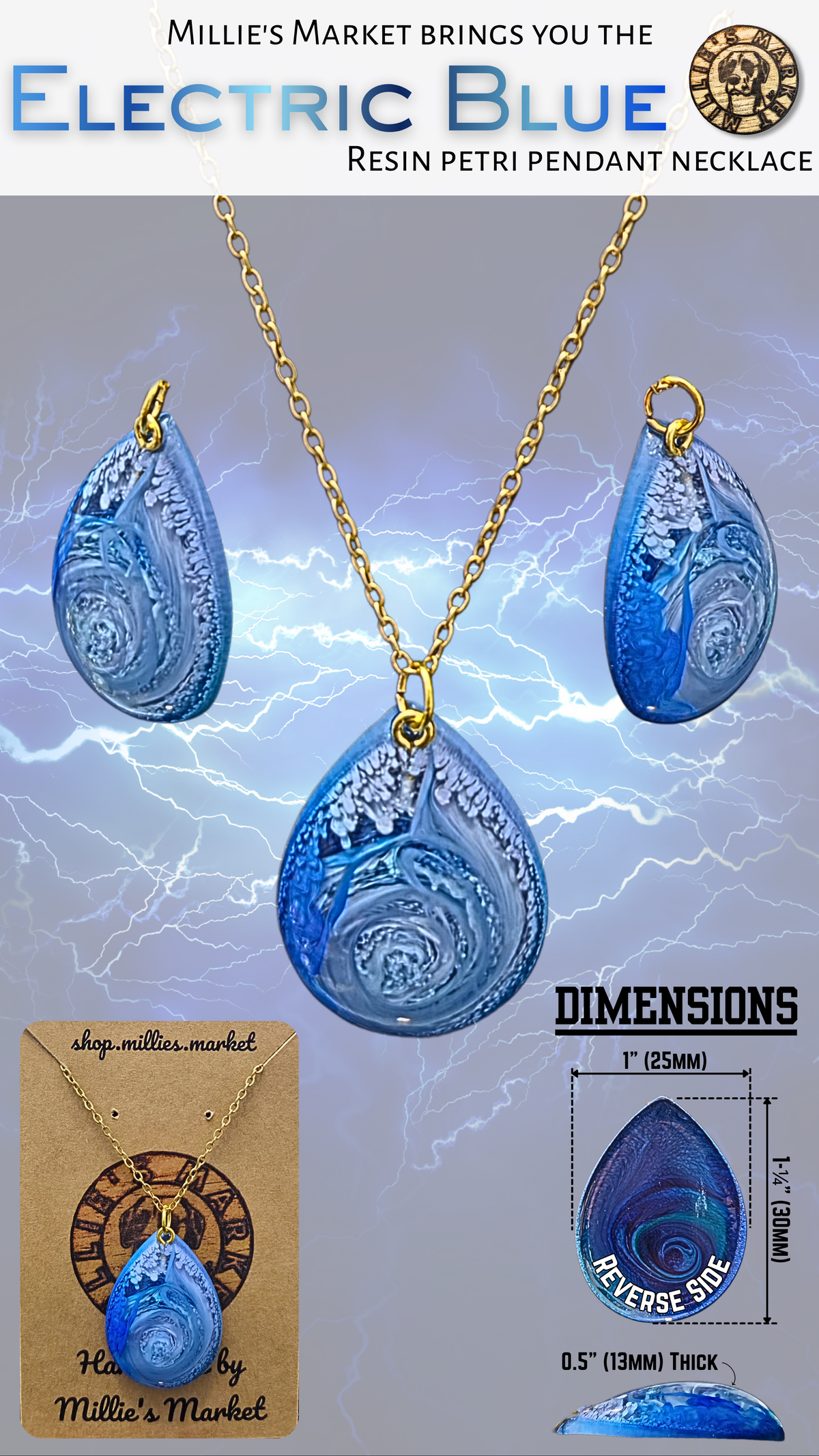 ELECTRIC BLUE Handmade Resin Petri Pendant Necklace