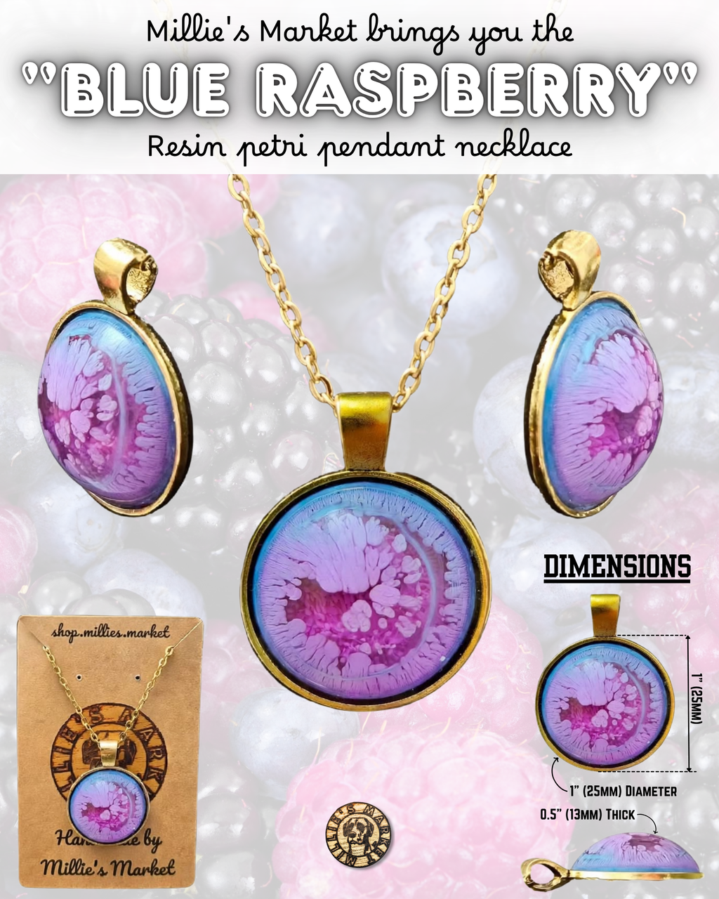 BLUE RASPBERRY Handmade Resin Petri Pendant Necklace