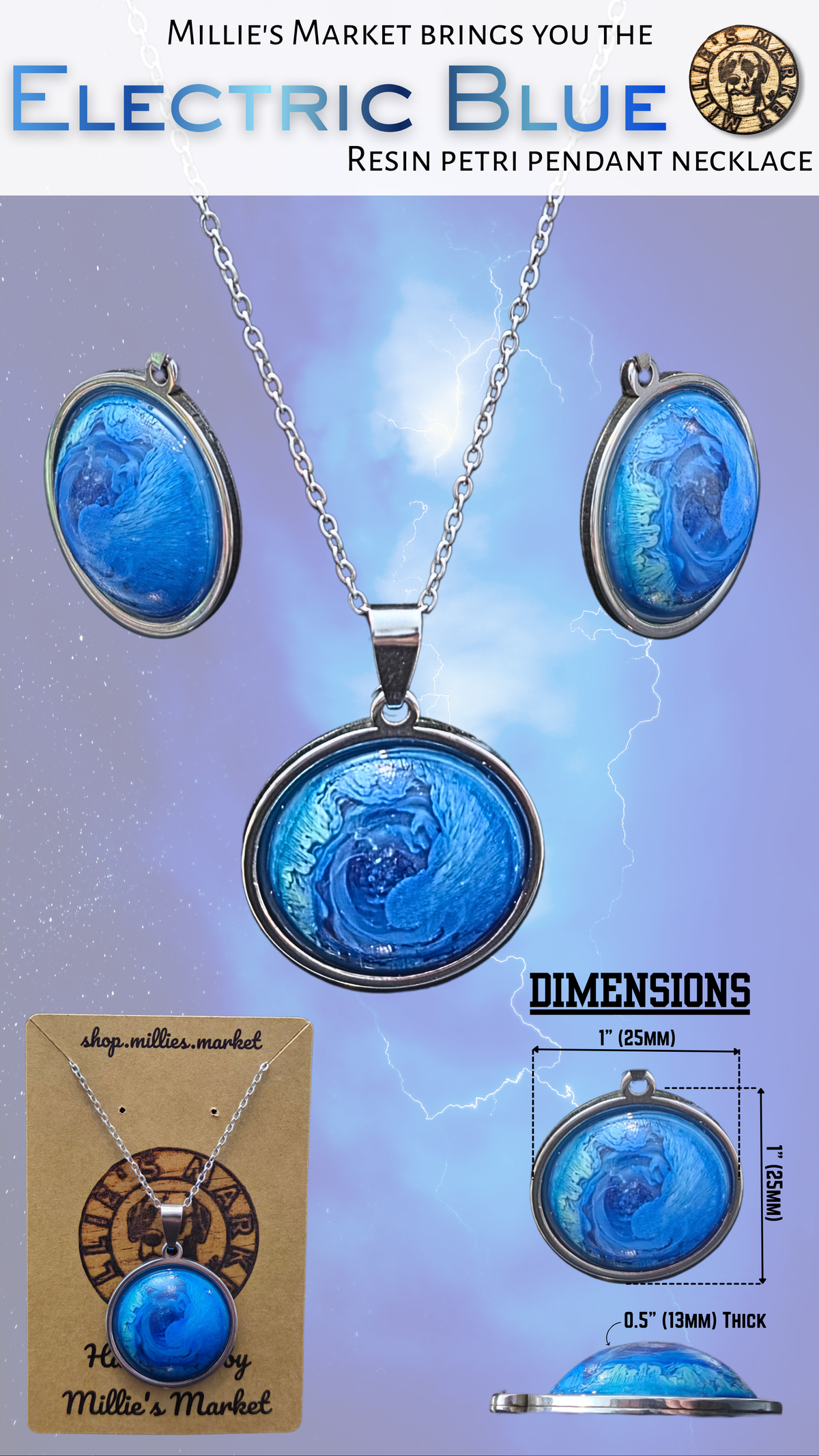 ELECTRIC BLUE Handmade Resin Petri Pendant Necklace
