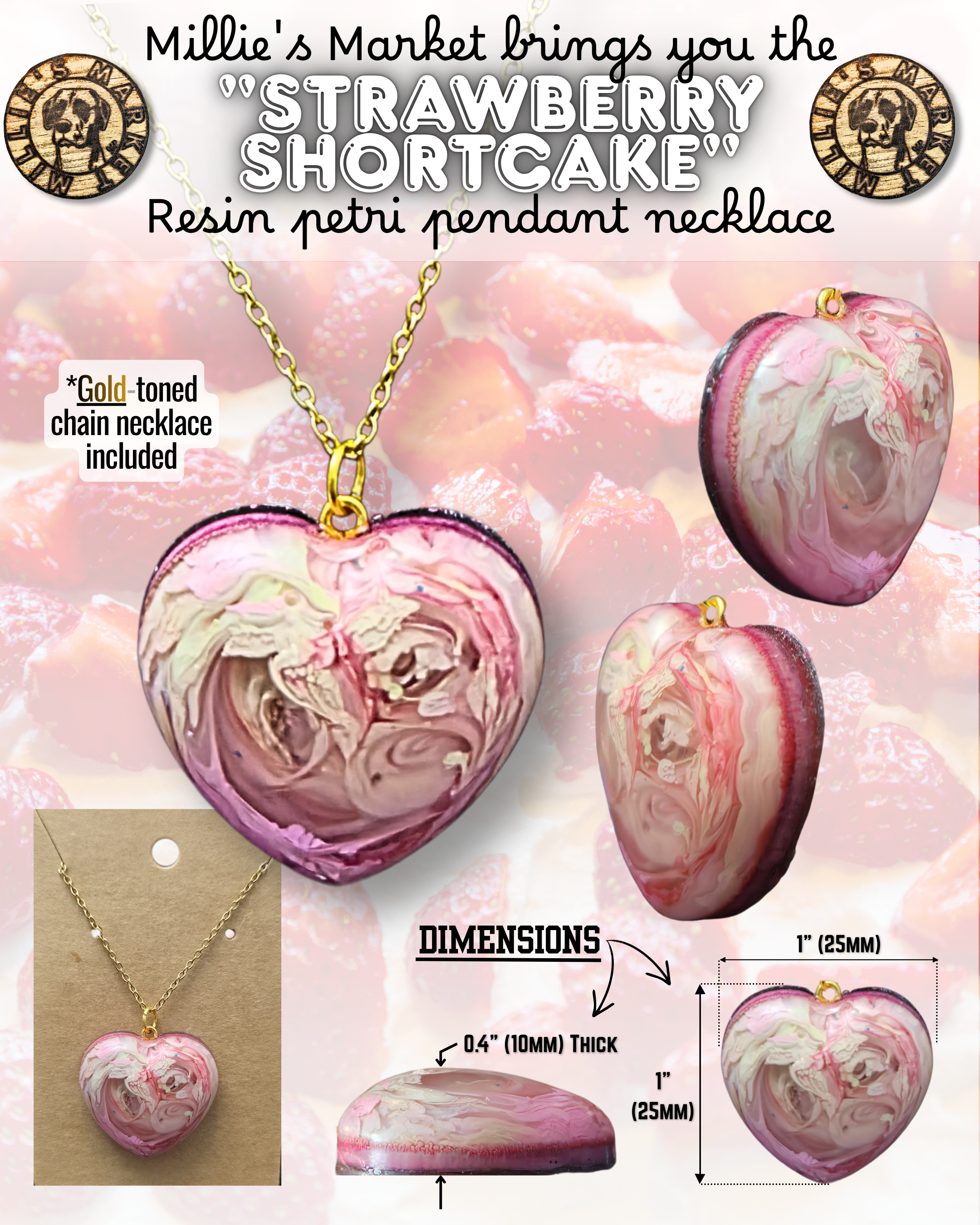 STRAWBERRY SHORTCAKE Handmade Resin Petri Pendant Necklace