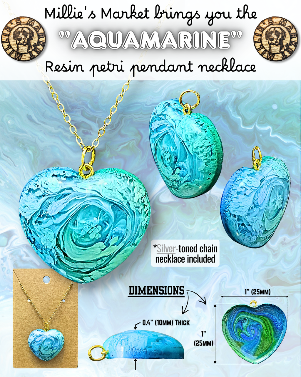 AQUAMARINE Handmade Resin Petri Pendant Necklace