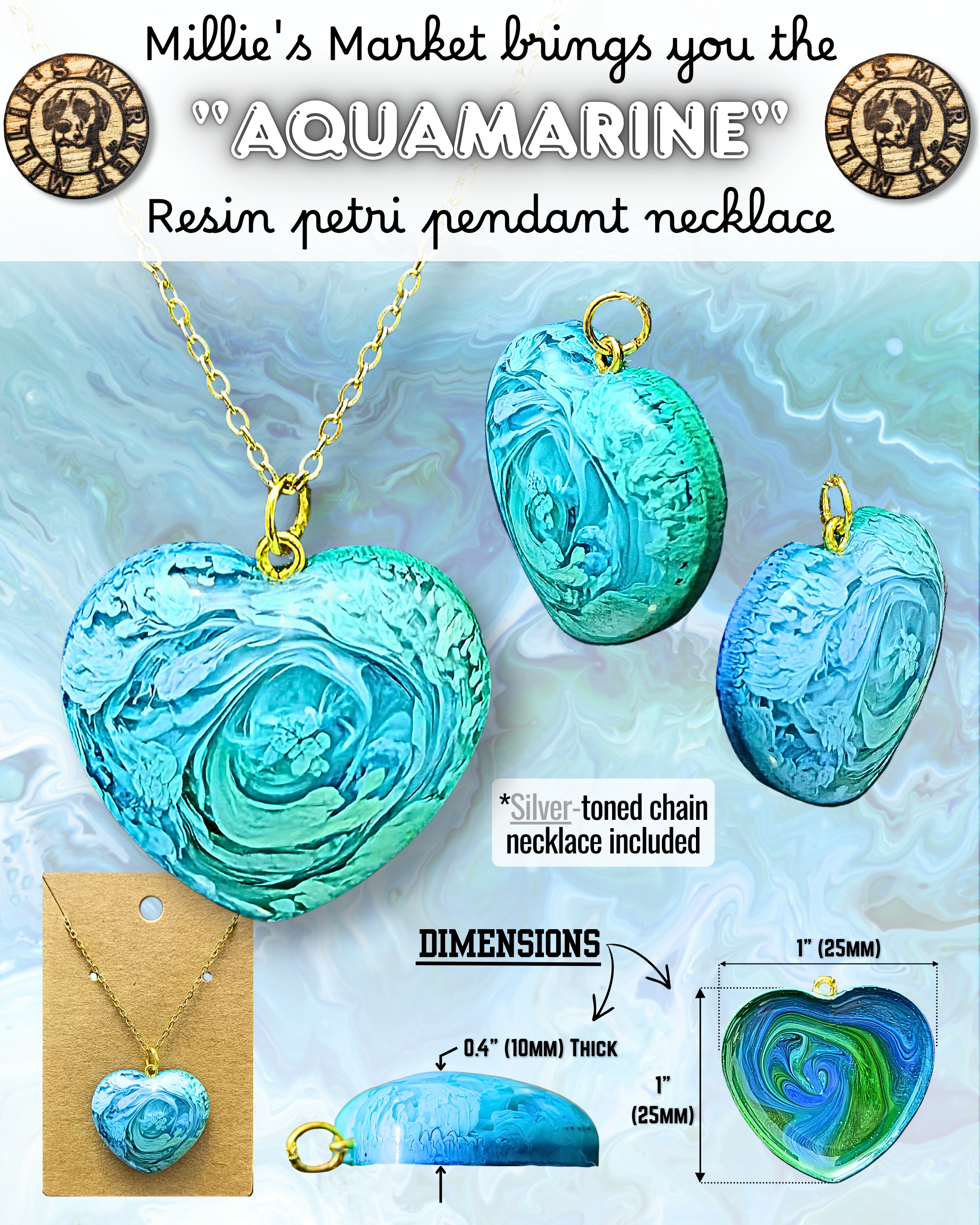AQUAMARINE Handmade Resin Petri Pendant Necklace
