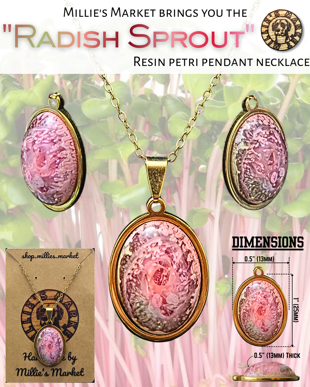 RADISH SPROUT Handmade Resin Petri Pendant Necklace