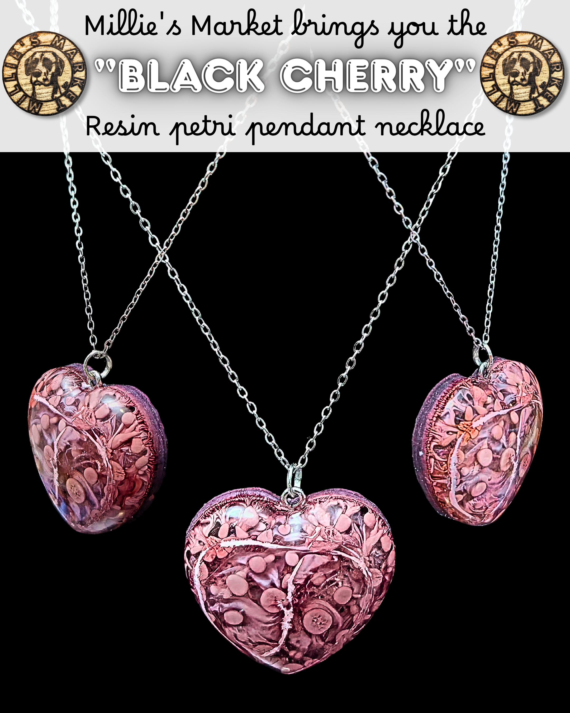 BLACK CHERRY Handmade Resin Petri Pendant Necklace