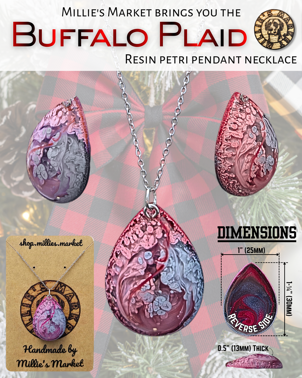 BUFFALO PLAID Handmade Resin Petri Pendant Necklace