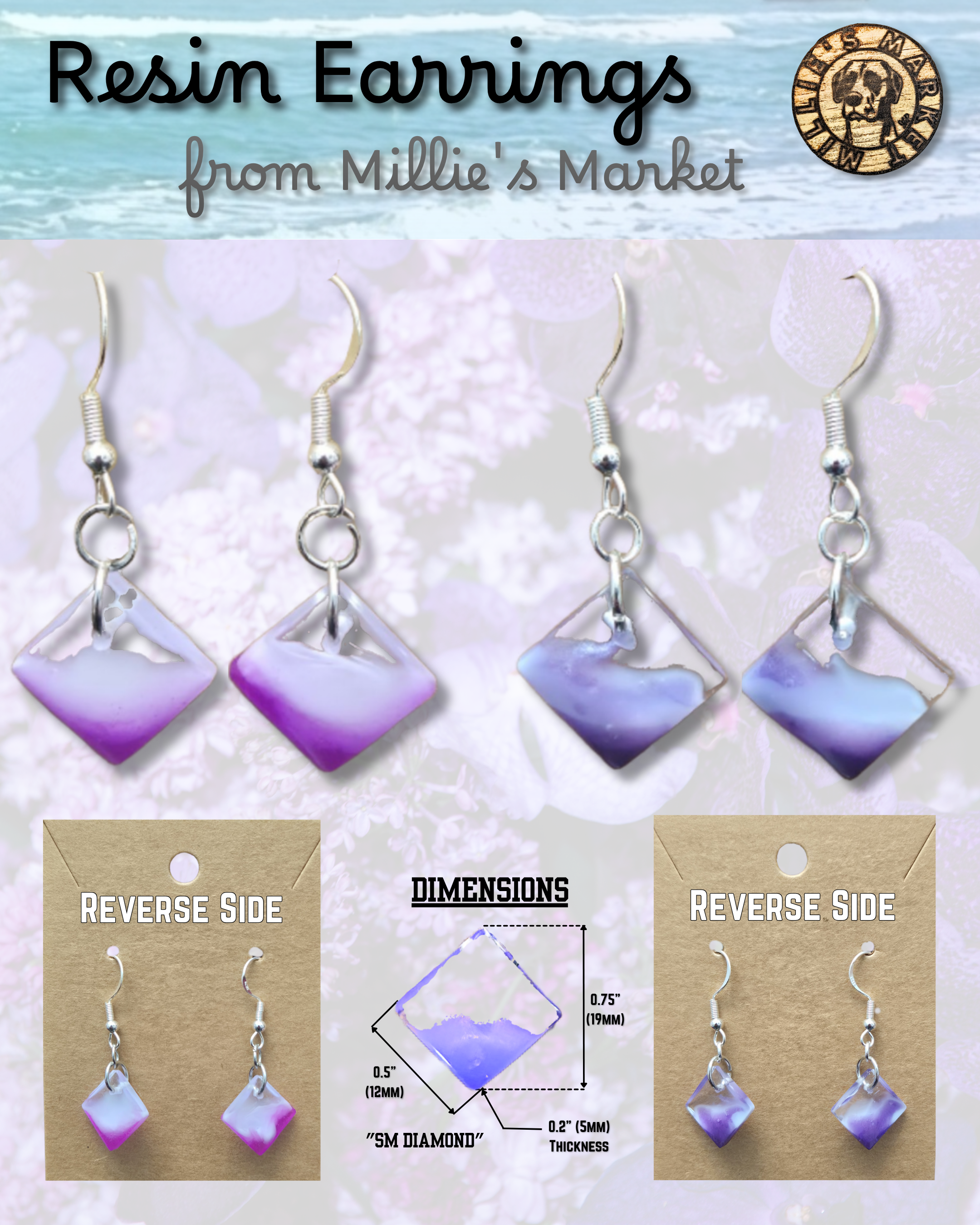 LILAC & LAVENDER Handmade Diamond-Shaped Resin Earrings