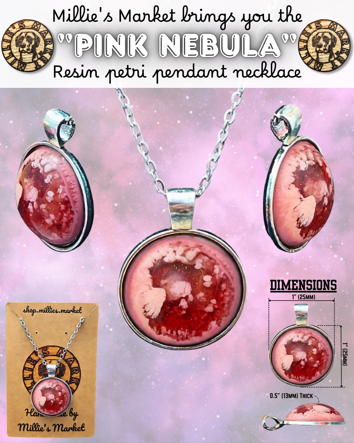PINK NEBULA Handmade Resin Petri Pendant Necklace