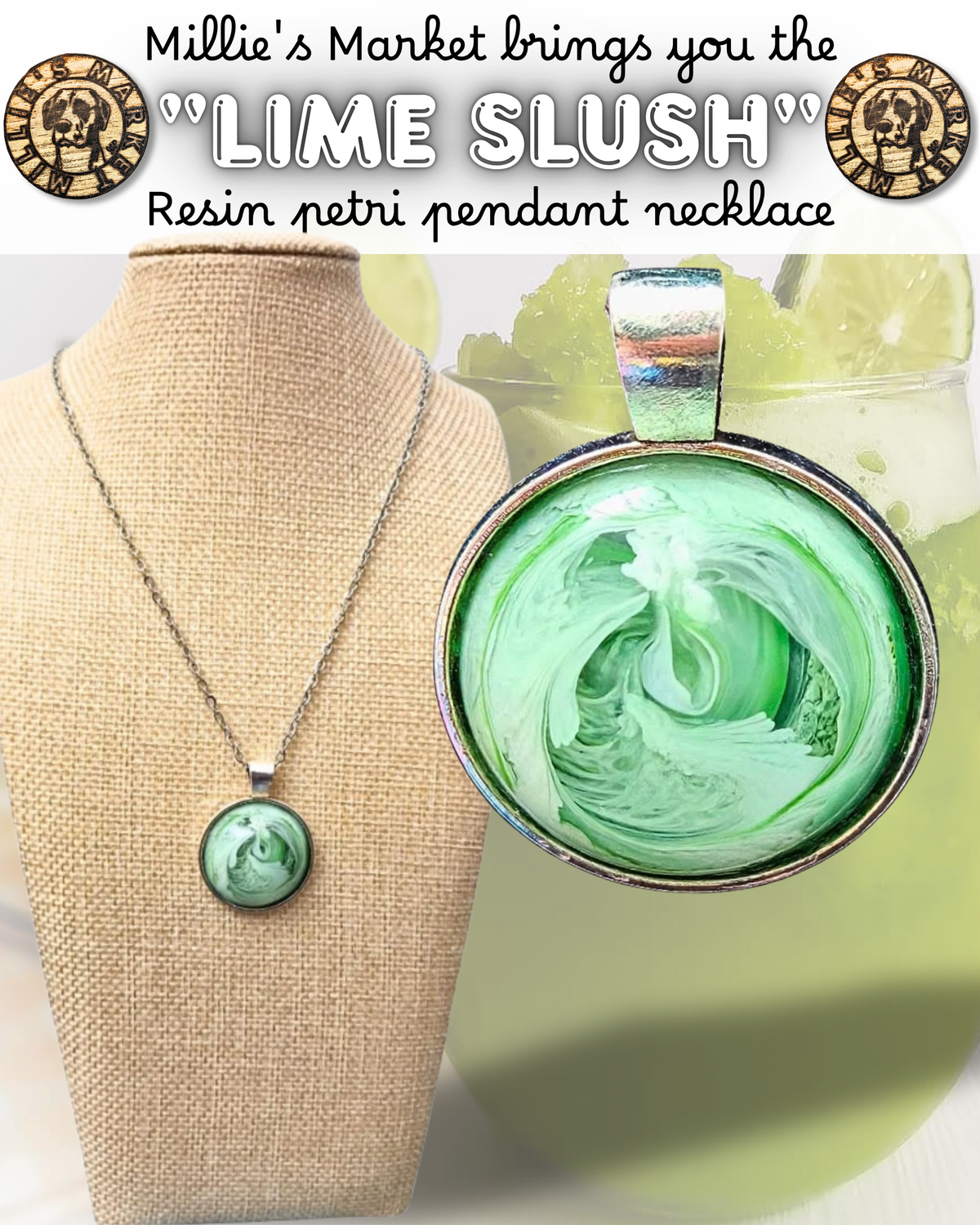 LIME SLUSH Handmade Resin Petri Pendant Necklace