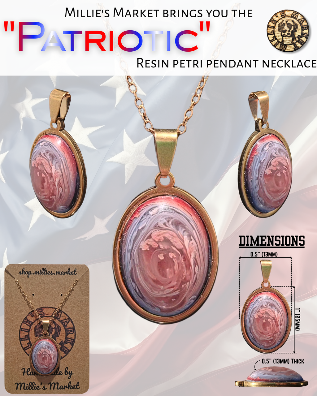 PATRIOTIC Handmade Resin Petri Pendant Necklace