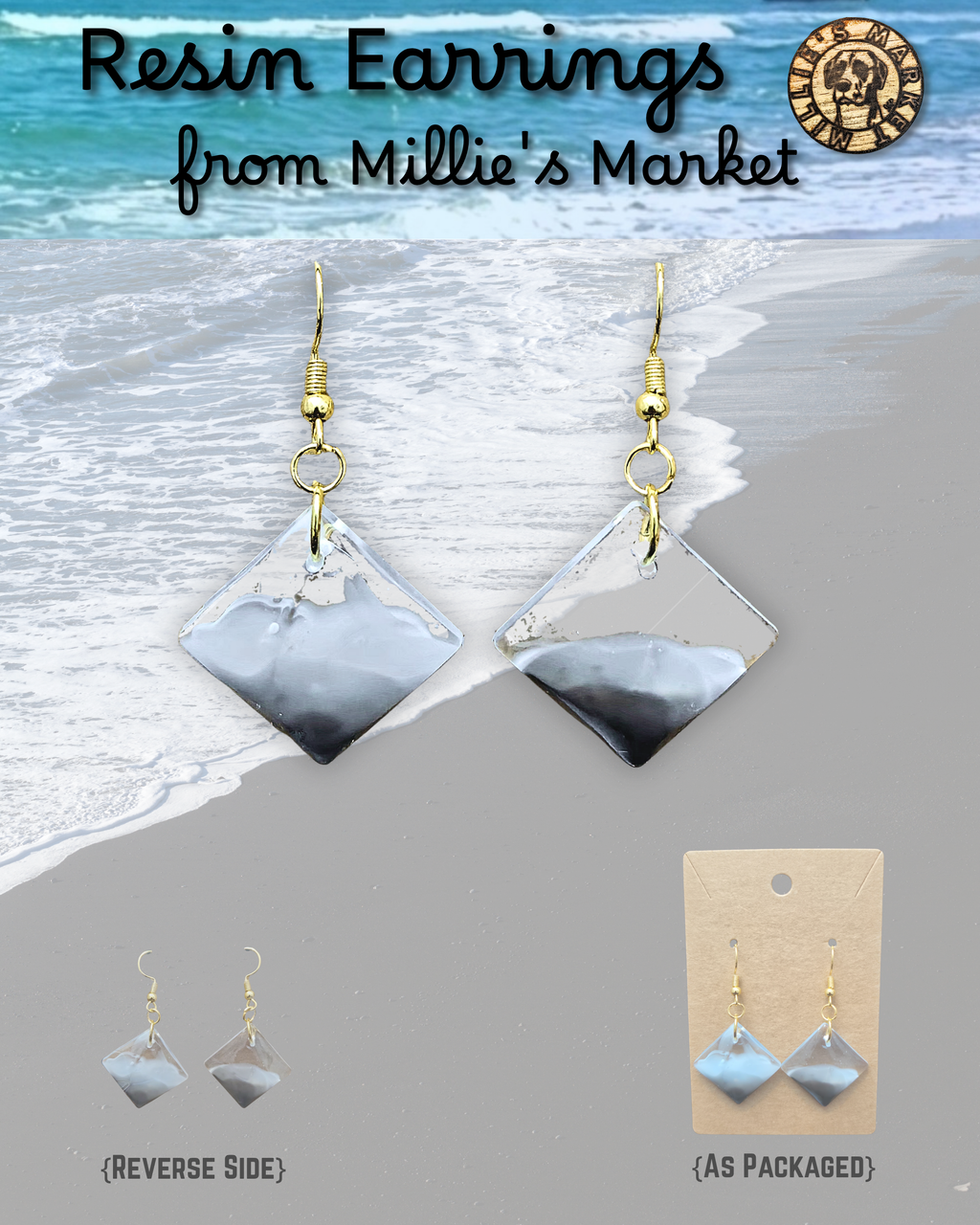 TIDAL WAVE Handmade Diamond-Shaped Coastal Drop Resin Earrings