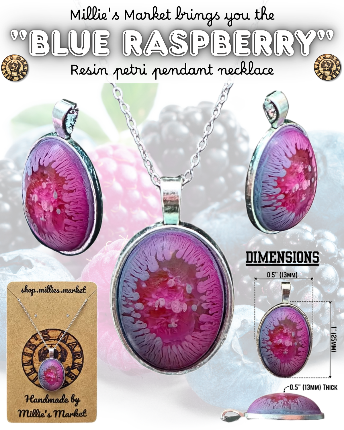 BLUE RASPBERRY Handmade Resin Petri Pendant Necklace