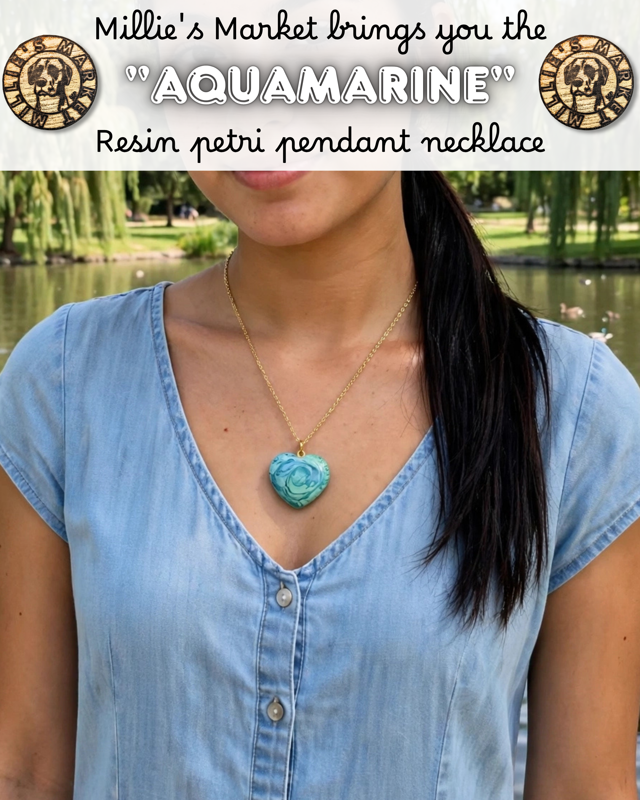AQUAMARINE Handmade Resin Petri Pendant Necklace
