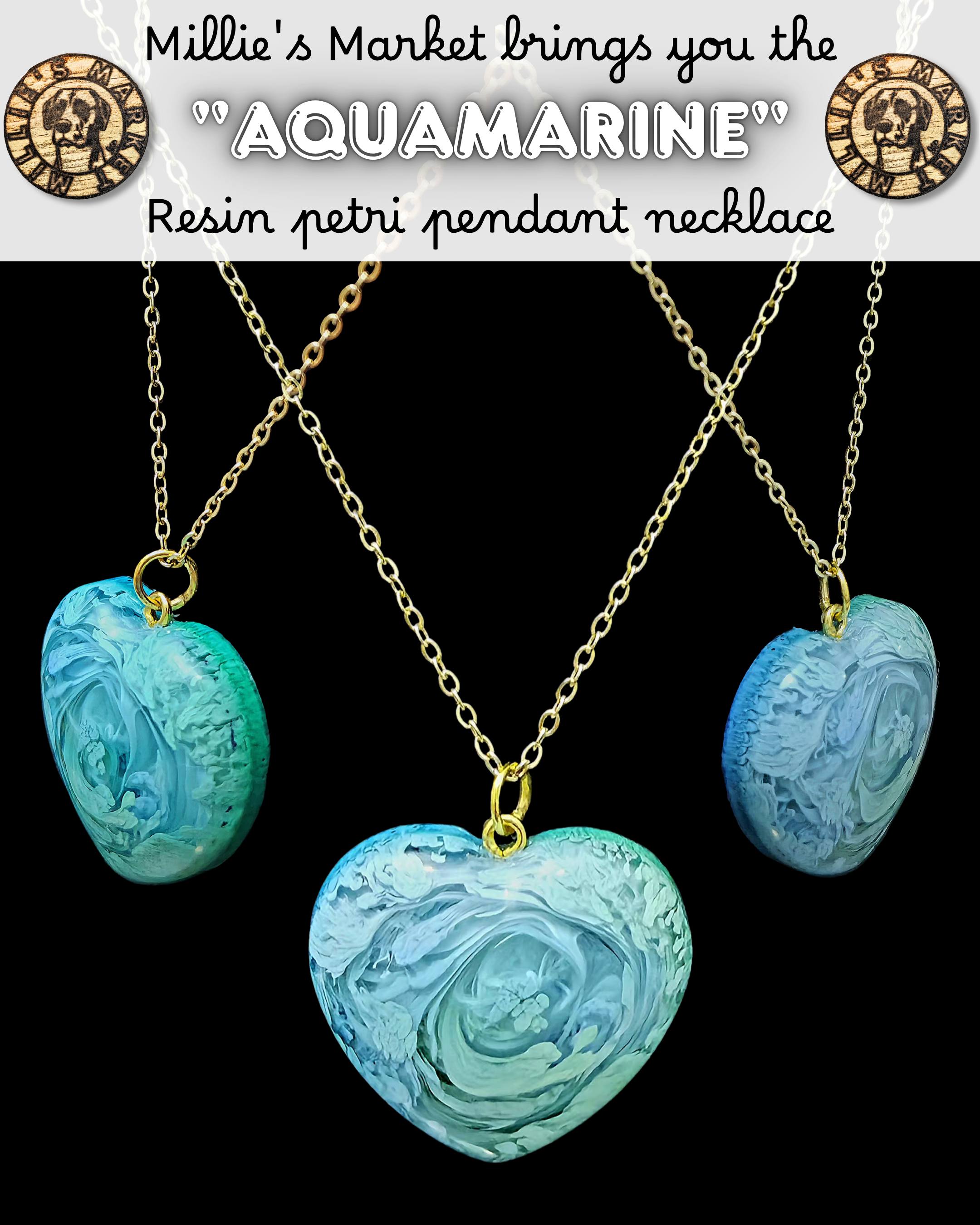 AQUAMARINE Handmade Resin Petri Pendant Necklace